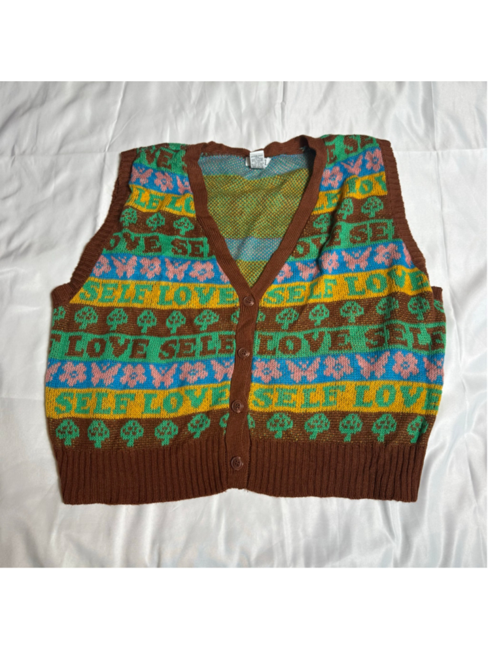 Women's rue21 Cardigan Sweater Size L Brown Multi-color Self Love Print